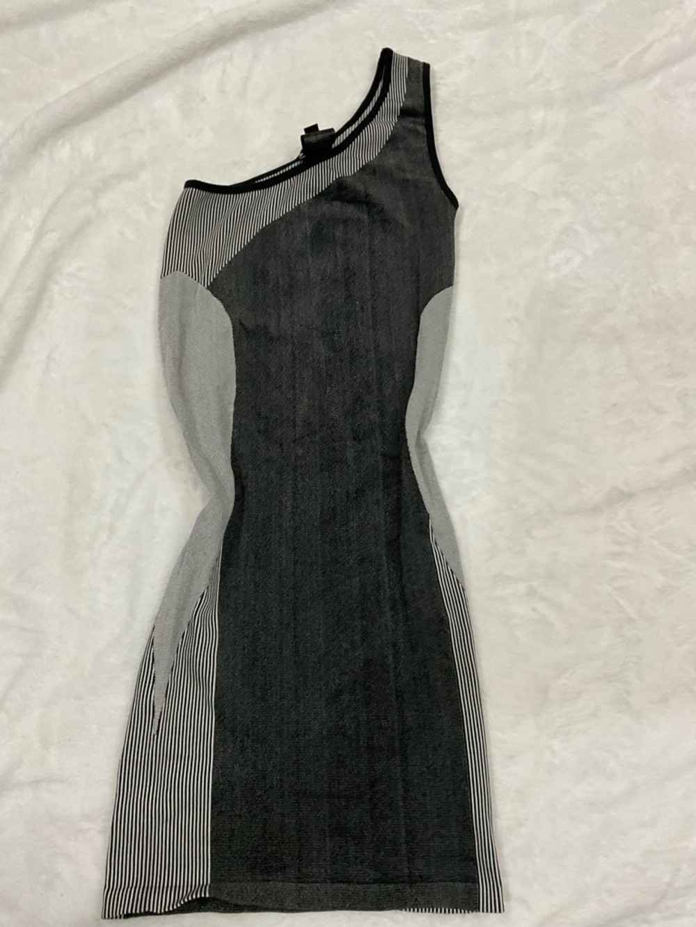 bebe Black and Gray One-Shoulder Panel Bodycon Dress